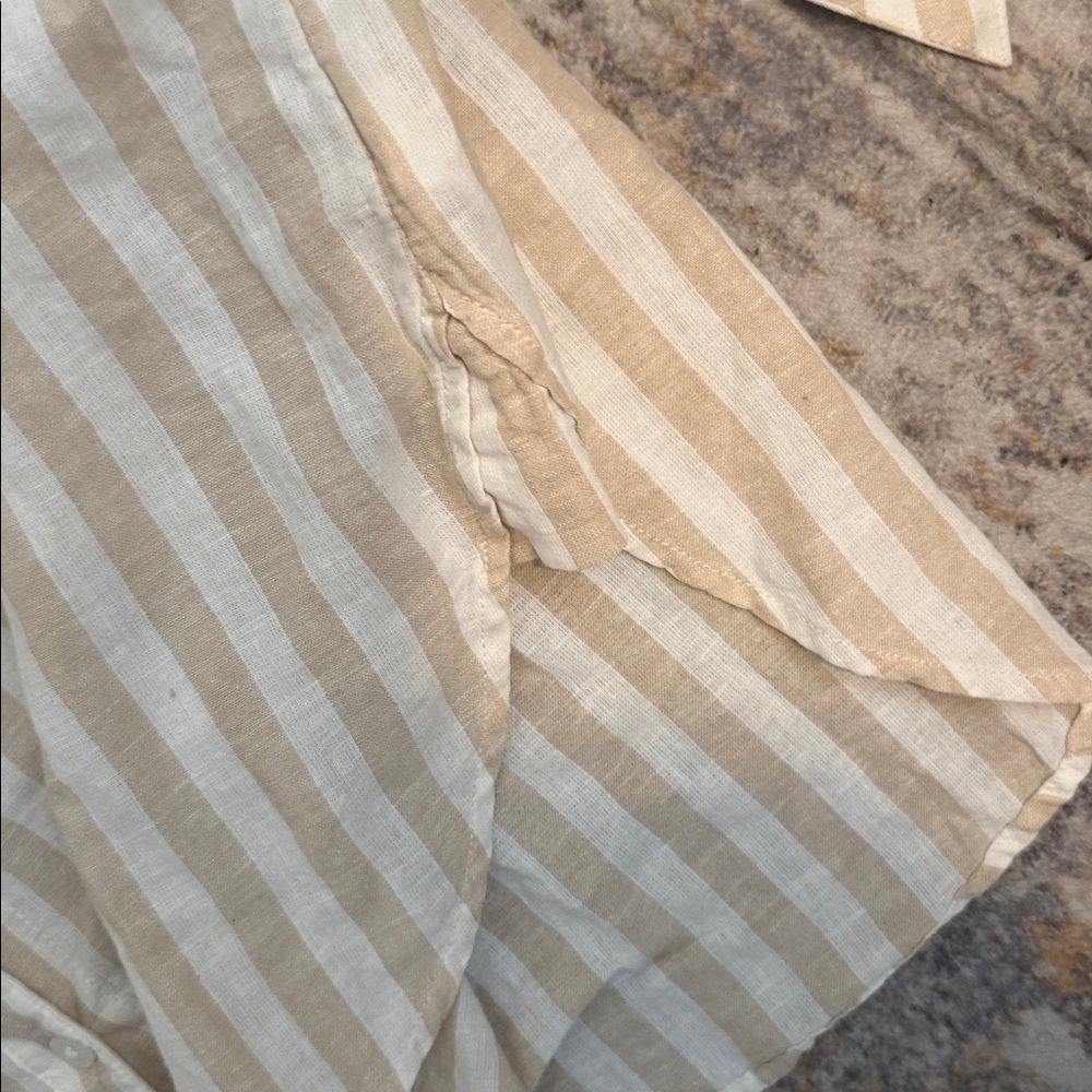 NWT GAP Khaki and White Striped Linen Blend Belted Puff Sleeved Shirt Dress Lg - Picture 7 of 9